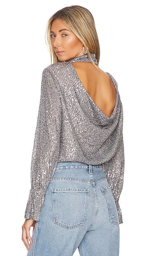 1. STATE Sequin Drape Back Top in Metallic Silver