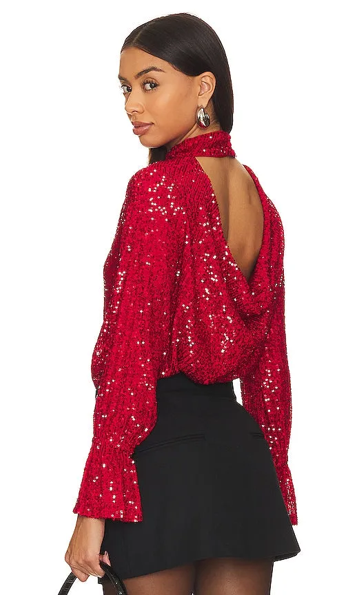 1. STATE Sequin Drape Back Top in Red