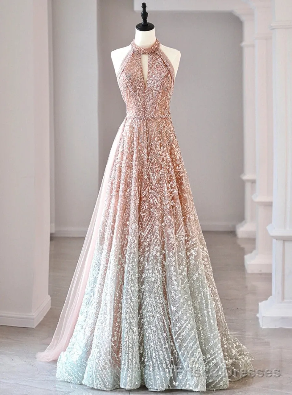 A-Line Halter Neck Sequined Tulle Long Prom Dress, Formal Evening Dress