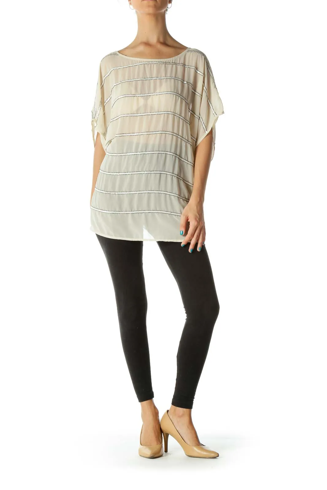 Beige Beaded and Sequined See Through Blouse