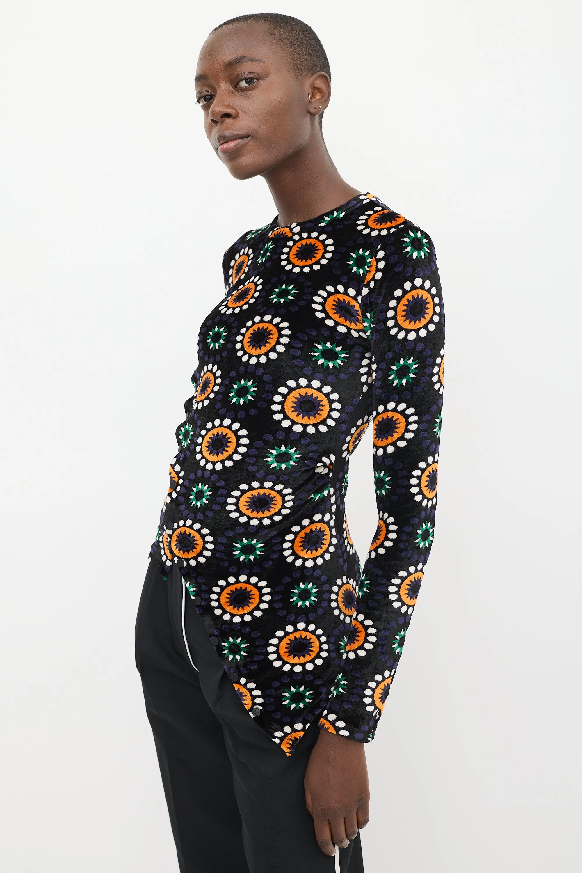 Black & Multicolour Asymmetrical Velour Top