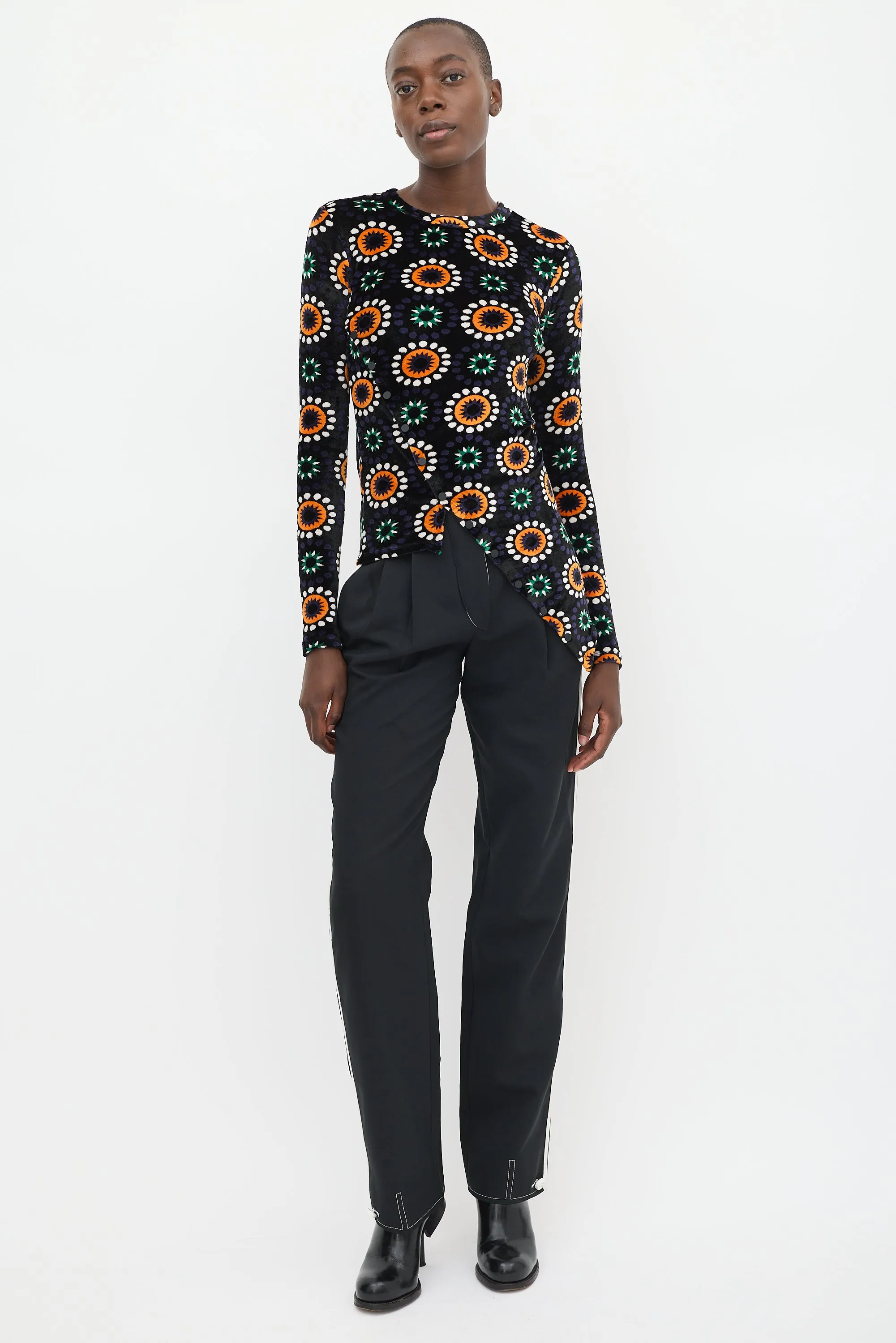Black & Multicolour Asymmetrical Velour Top