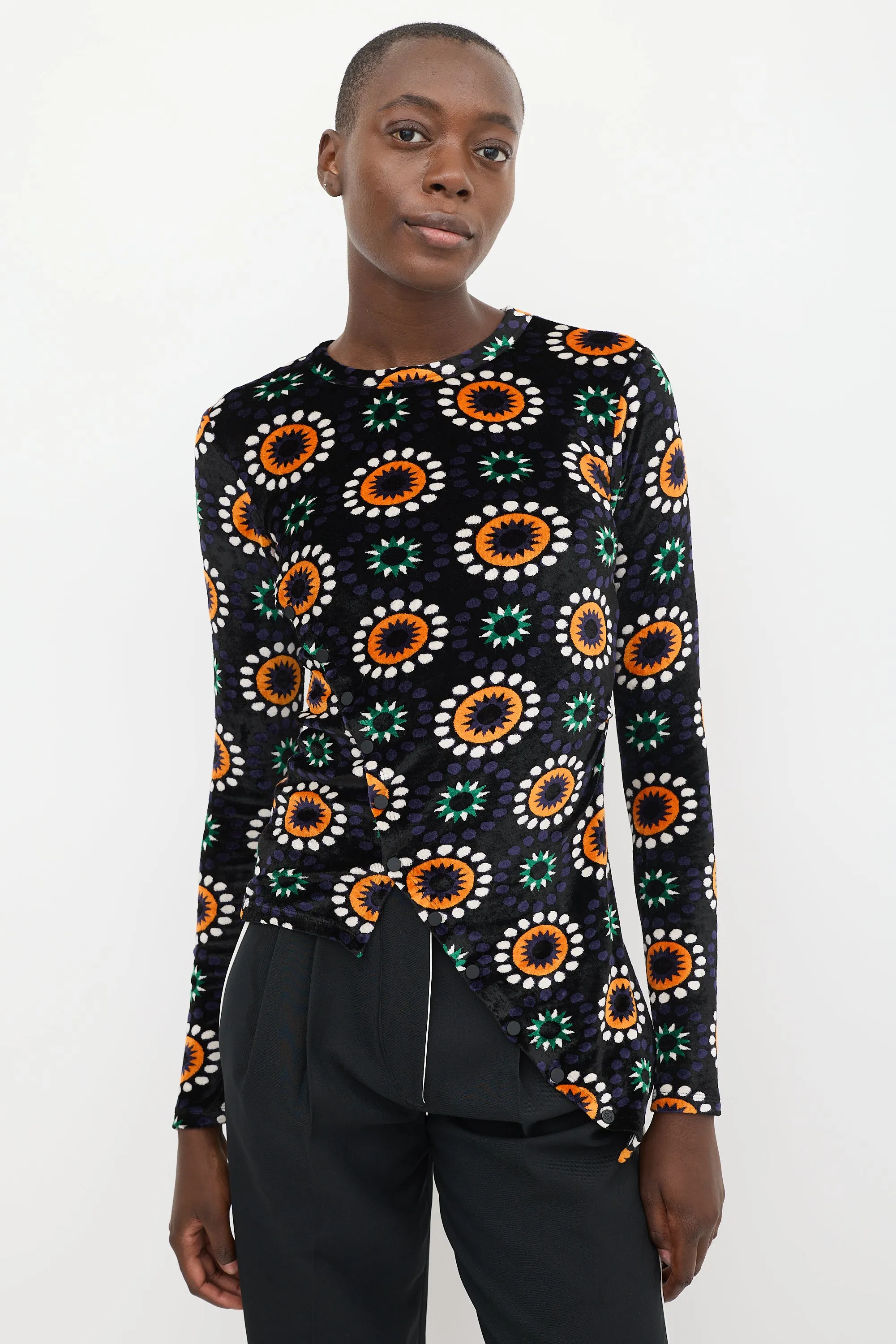 Black & Multicolour Asymmetrical Velour Top
