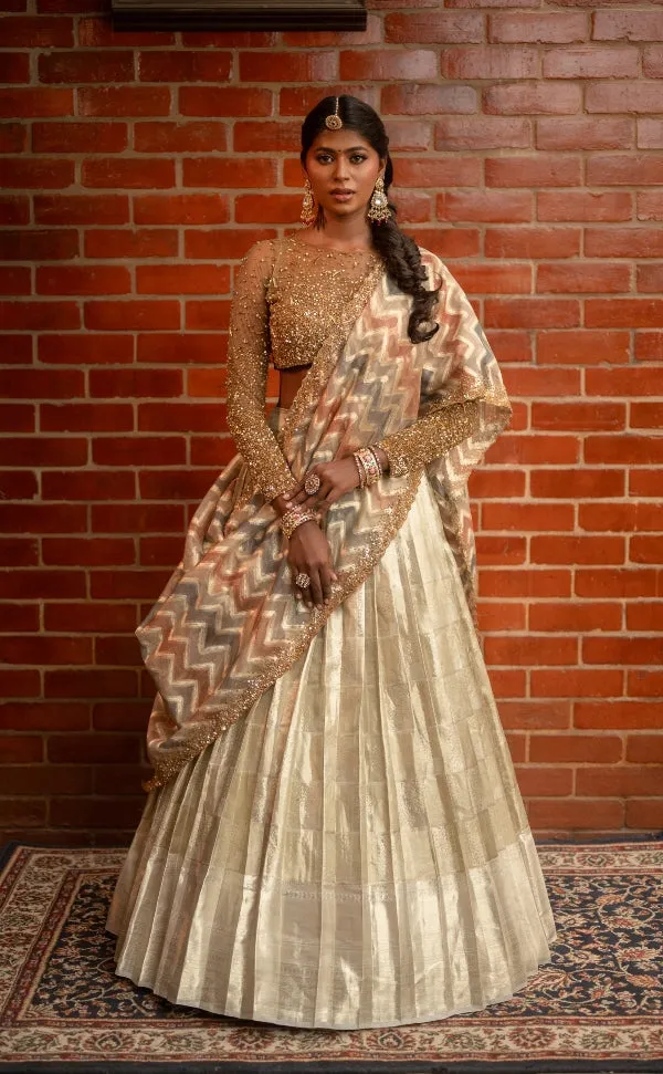 BRIDAL KANJEEVARAM HALF SAREE IN GOLD AND SILVER