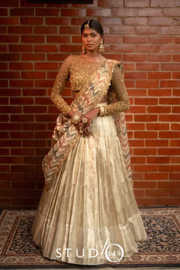 BRIDAL KANJEEVARAM HALF SAREE IN GOLD AND SILVER