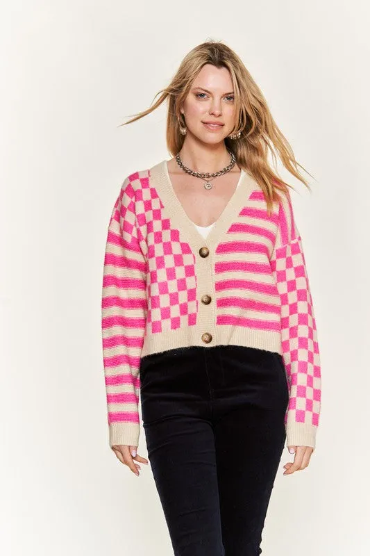 Contrast pattern sweater cardigan - Jade By Jane
