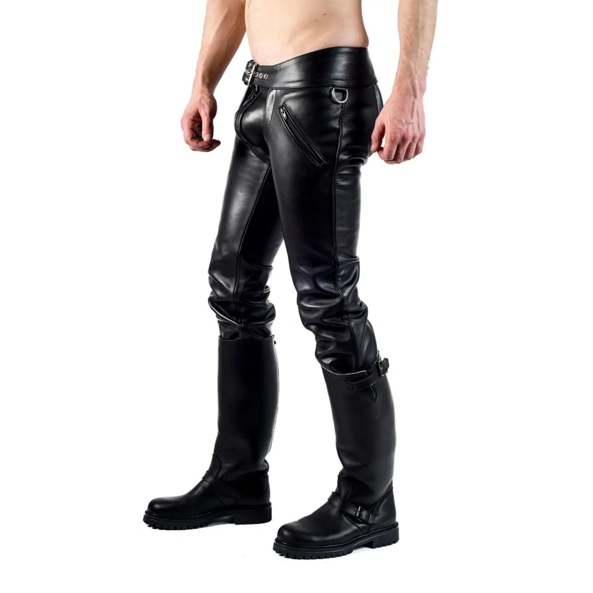 Mens Leather Convertible Pants with Detachable Jockstrap