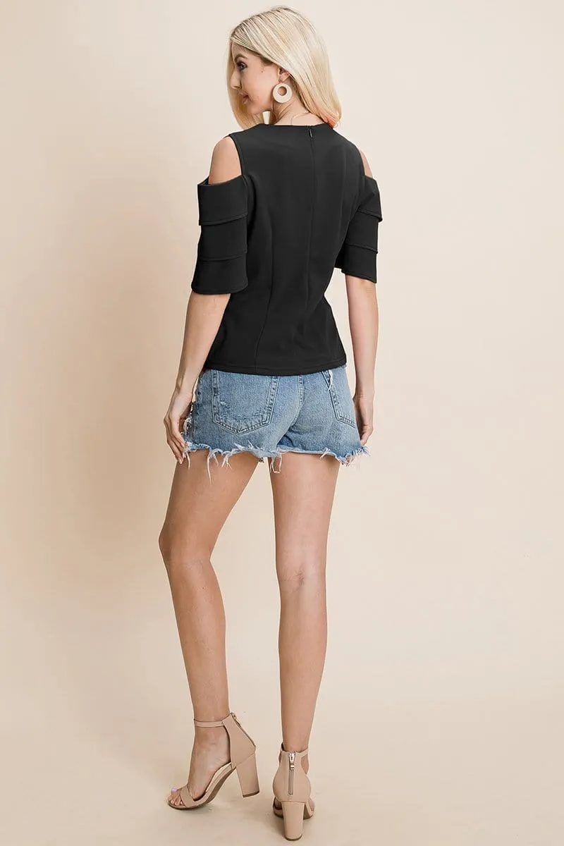 Multi Layered Flutter Short Sleeve Cold Shoulder Tops T Shirt Blouse