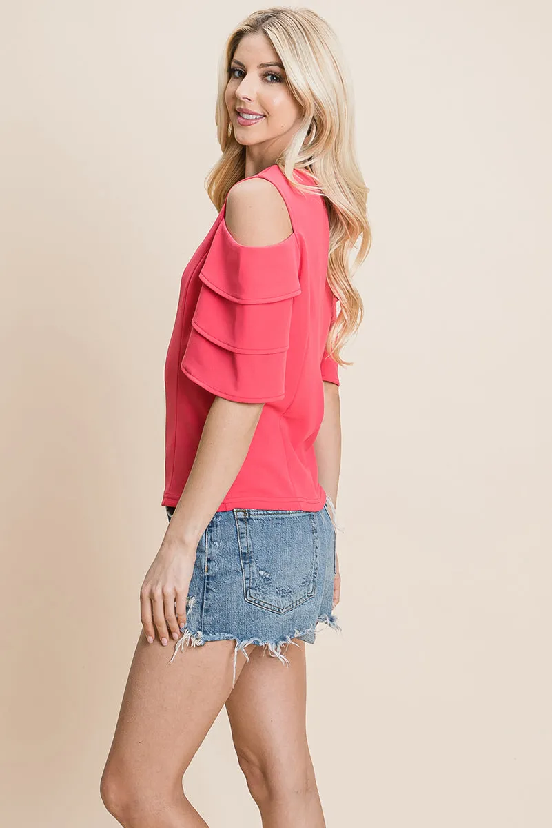 Multi Layered Flutter Short Sleeve Cold Shoulder Tops T Shirt Blouse