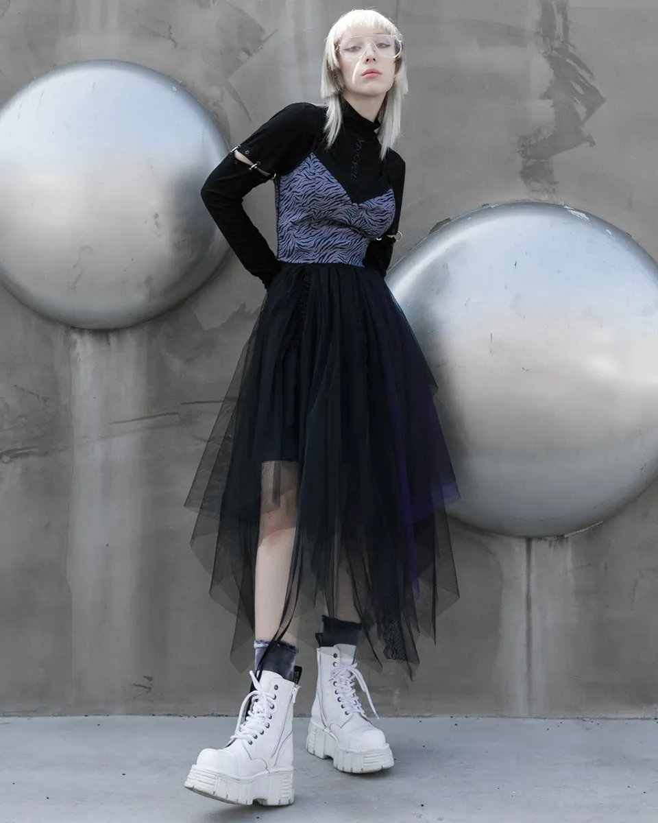 OPQ930 Daily Life Layered Mesh Electropunk Asymmetric Skirt - Black & Purple