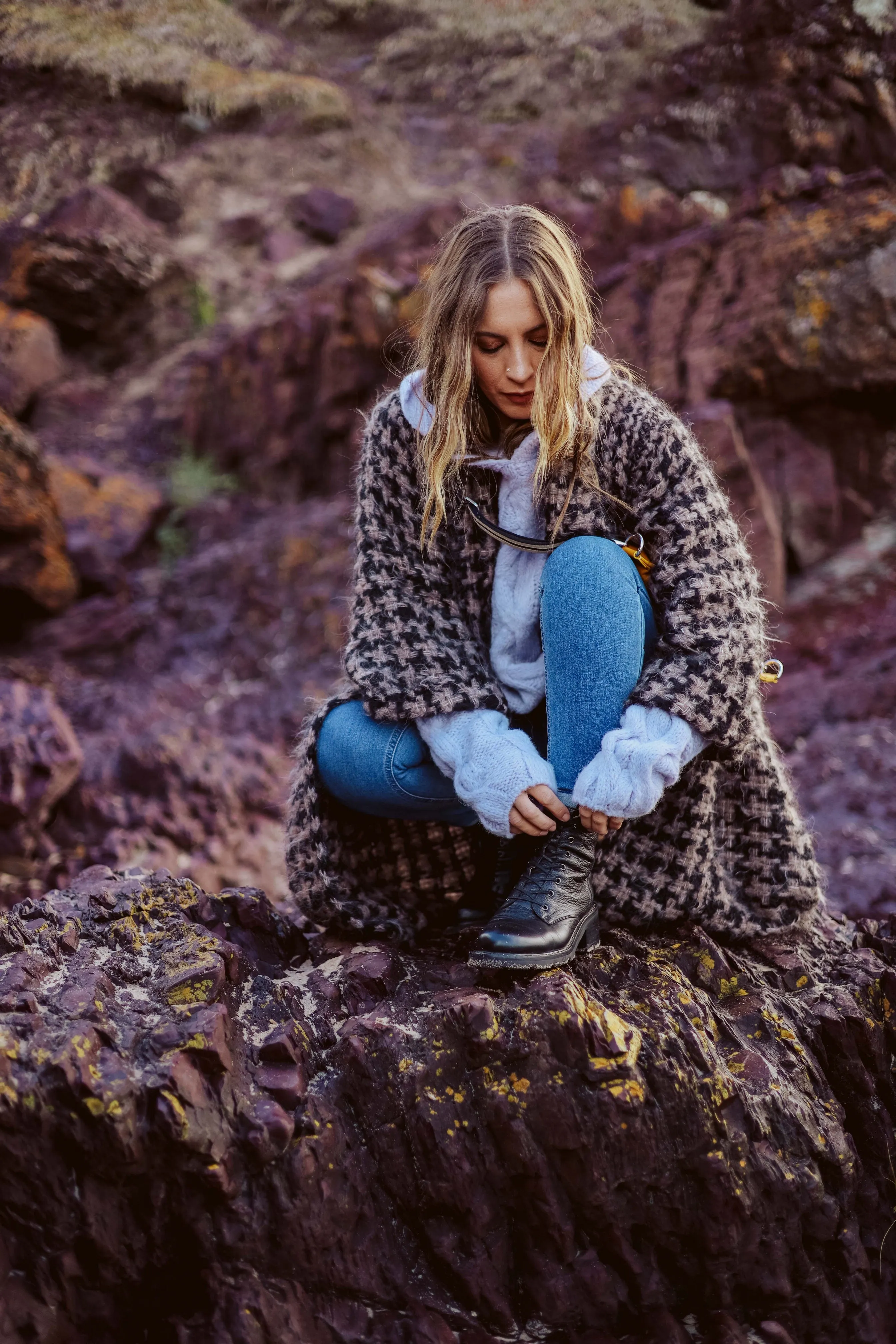 Oversize cable knit funnel neck sweater