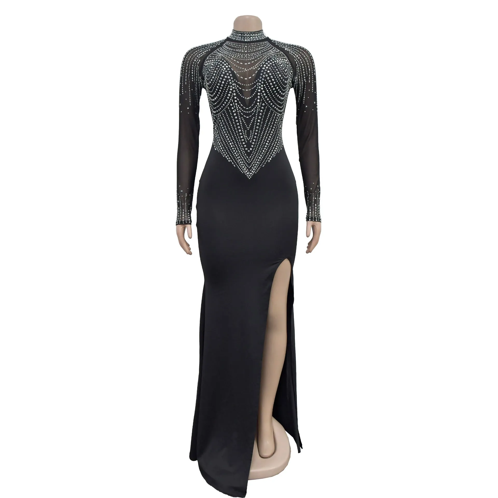Rhinestone Bodycon Mesh Maxi Dress
