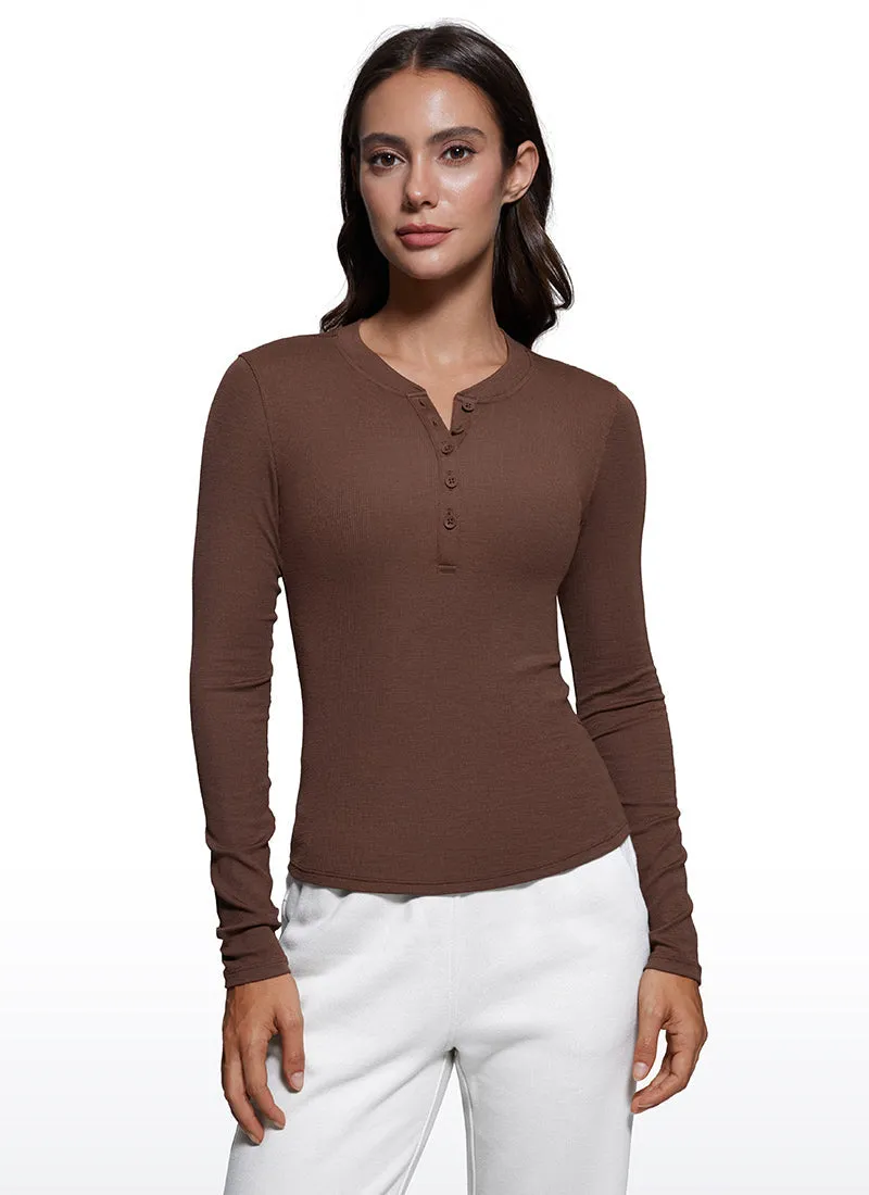 Ribbed Modal Henley Shirts Long Sleeves