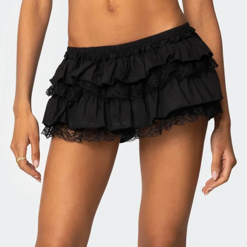 Vevesc Fairy Lace Skater Skirts Low Rise Ruffle Frill Tiered Bloomer Mini Skort Cute Layered Flowy A Line Shorts Skirts Y2k Music Club