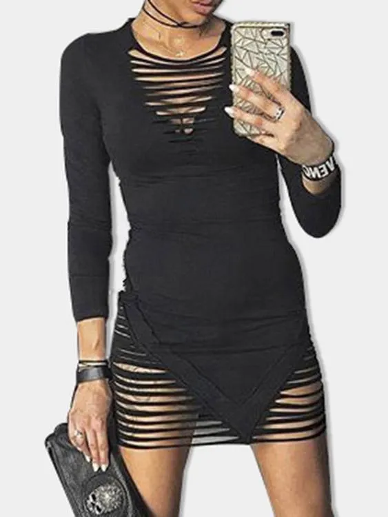 Wholesale Black Long Sleeve Plain Hollow Bodycon Dresses